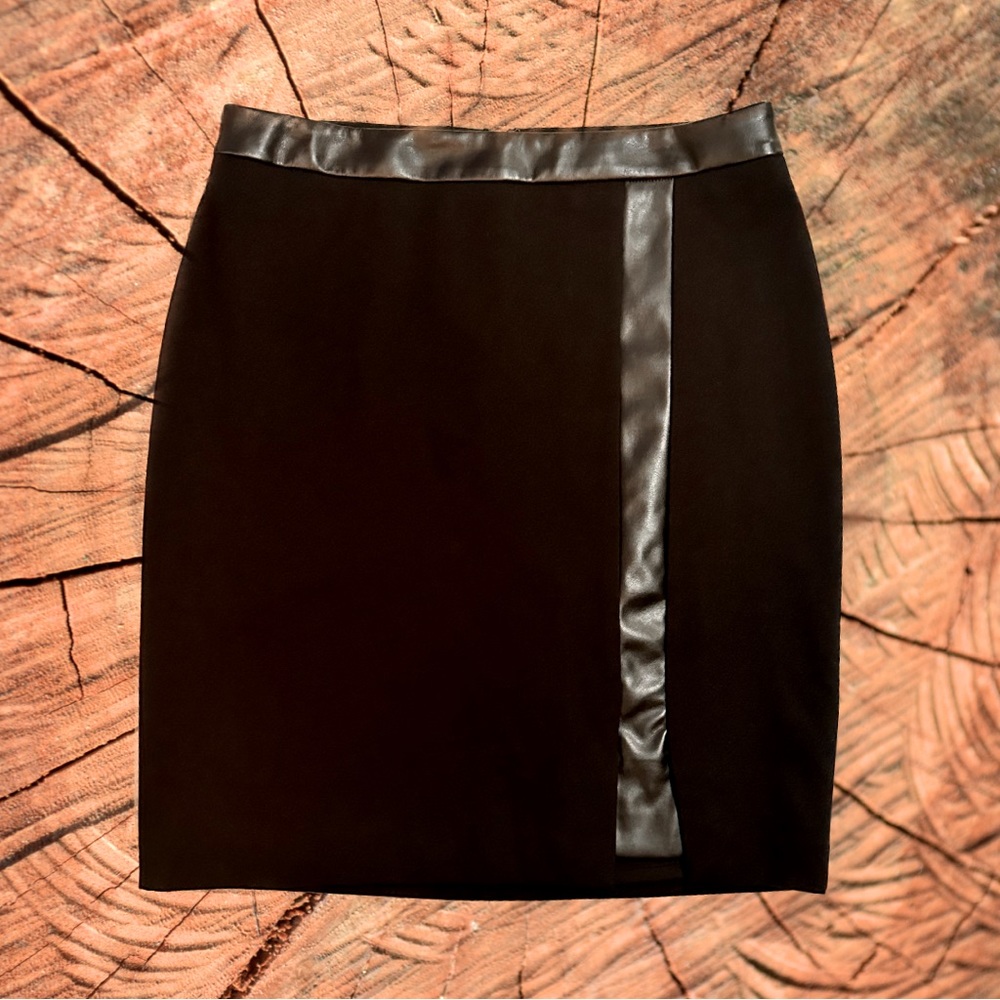 White House Black Market Black Pencil Skirt Faux Leather Trim Size 10